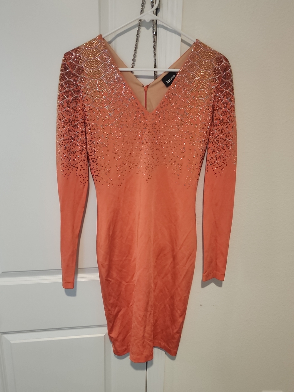 Just Cavalli Coral Long Sleeve V-Neck Embellished Dress